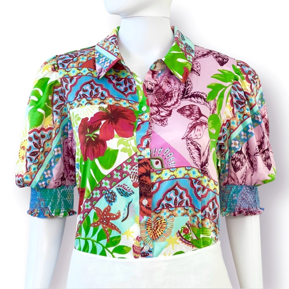 Violet B Satin Button Down Shirt Puff Short Sleeve Smocked Cuff Colorful Print